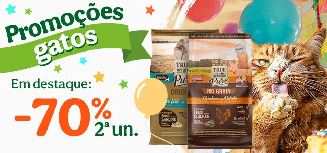 70% de desconto na 2.ª unidade de ração True Origins Pure para gato.