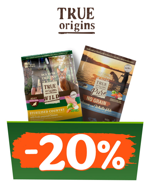 True Origins Wild: Ração para cães com oferta de 3 kg, até 25% de desconto em packs de alimentação húmida para cães, 20% de desconto em ração para gatos e até 33% de desconto em packs de alimentação húmida para gatos.