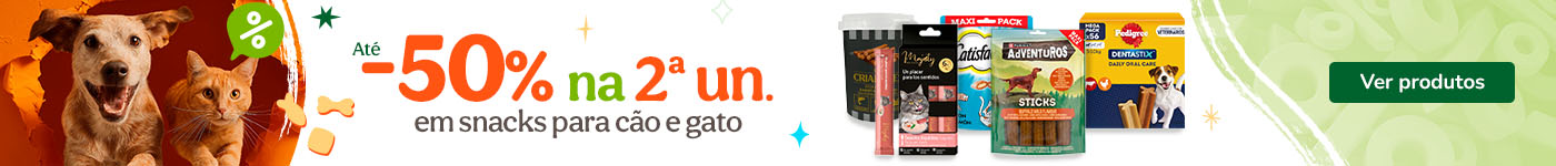 50% de desconto na 2ª unidade de snacks para cão e gato.
