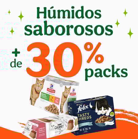 Mais de 30% de desconto em packs de comida húmida para gatos.