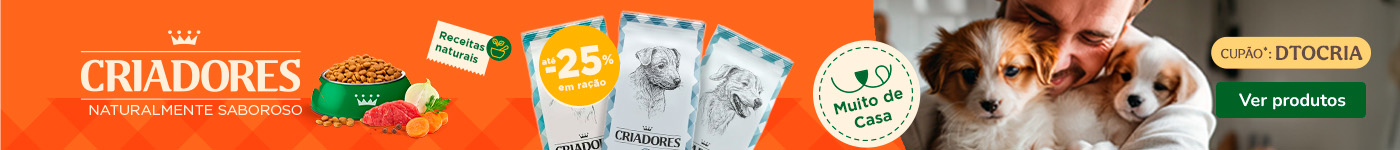 50% de desconto na 2.ª unidade de ração Criadores para cachorro.