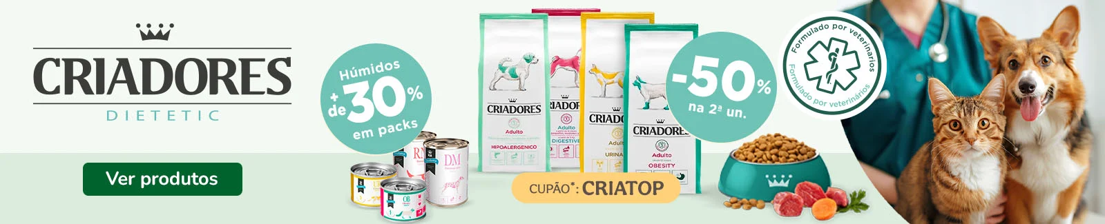 Criadores: 50% de desconto na 2.&ordf; unidade de ra&ccedil;&atilde;o veterin&aacute;ria e +30% de desconto em packs de alimenta&ccedil;&atilde;o h&uacute;mida para o seu patudo.