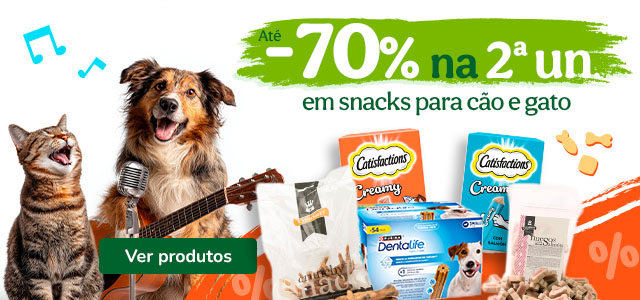 Até 70% de desconto na 2ª unidade de snacks para o seu patudo.