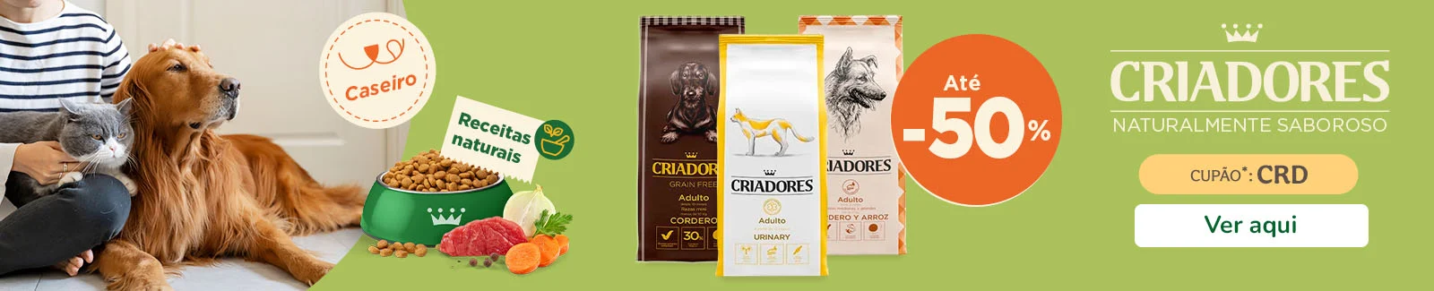 50% de desconto na segunda unidade numa seleção de ração para cães e gatos da marca Criadores, promoção especial Tiendanimal.