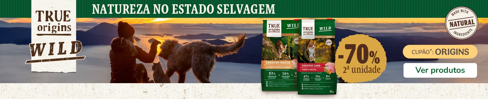 True Origins Wild: 70% de desconto na 2.ª unidade de ração para gatos.