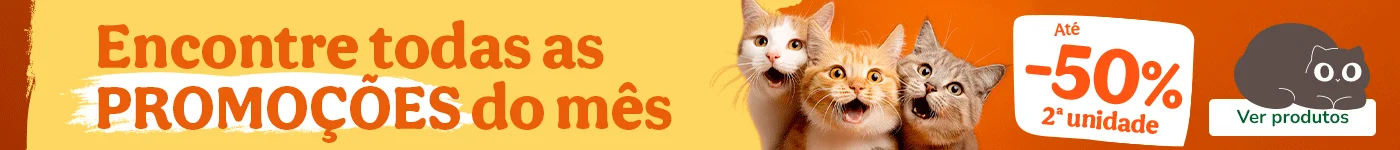 Promoções para gatos com até 50% de desconto em alimentação, snacks e acessórios.