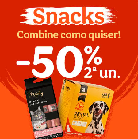 50% de desconto na segunda unidade de snacks para o seu patudo.