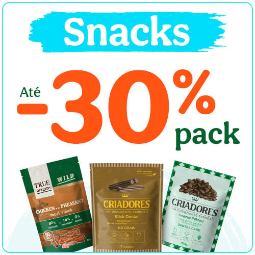 Até 30% de desconto em packs de snacks para cães.