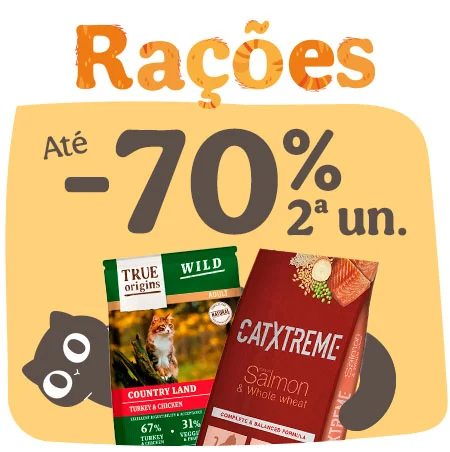 Ração para gatos com até 70% de desconto na 2.ª unidade.