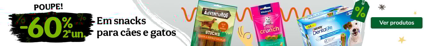 Até 60% de desconto na 2ª unidade de snacks para o seu patudo.