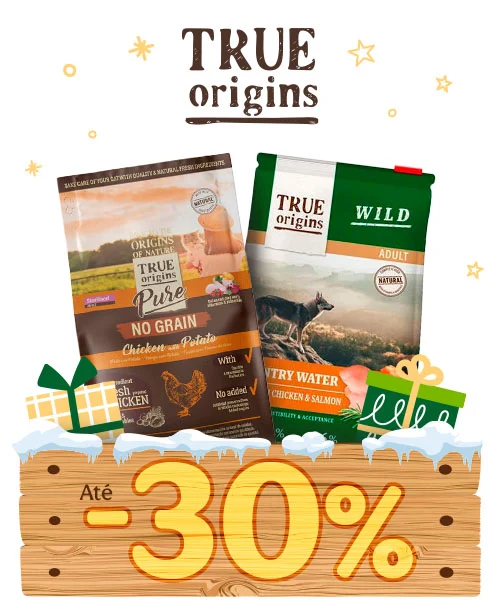 True Origins: Até 30% de desconto em ração, mais de 30% de desconto em húmidos e 40% de desconto em snacks.