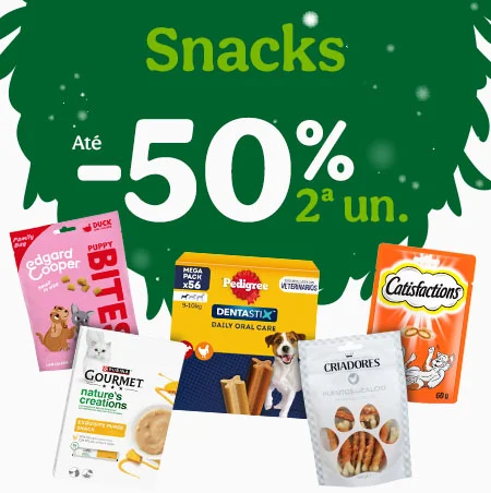 Snacks: Até 40% de desconto em packs de snacks para cão e gato.