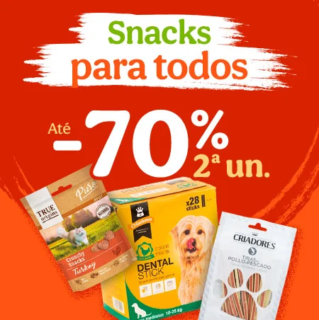 Até 70% de desconto na 2ª unidade em snacks para cão e gato. Recompensas deliciosas para o seu animal.