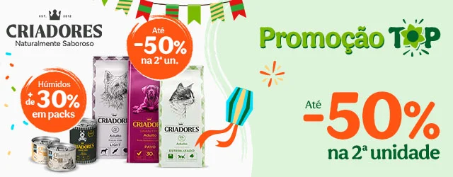 Criadores: Até 50% de desconto na 2.ª unidade de ração e +30% de desconto em packs de alimento húmido para o seu animal de estimação.