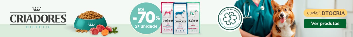Até 70% de desconto na 2.ª unidade de ração veterinária Criadores para cães.