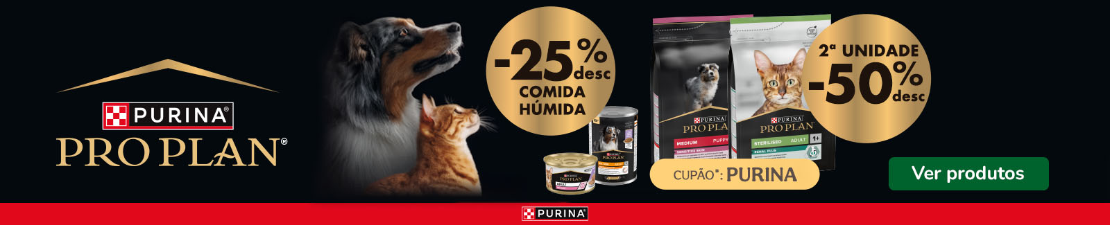 Pro Plan: 50% de desconto na 2&ordf; unidade de ra&ccedil;&atilde;o e 25% de desconto em packs de alimento h&uacute;mido para o seu patudo.