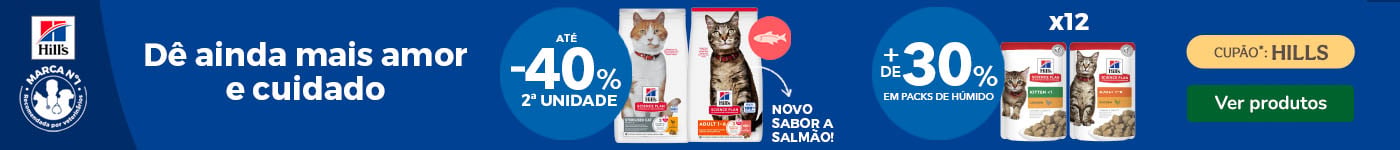 Hill's Science Plan: Até 40% de desconto na 2ª unidade de ração e +30% de desconto em packs de alimento húmido para gato.