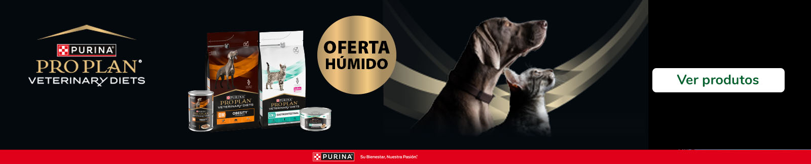 Na compra de ração Pro Plan Diets para cão ou gato, receba comida húmida grátis. Promoção válida em nutrição veterinária especializada para patudos com necessidades específicas.