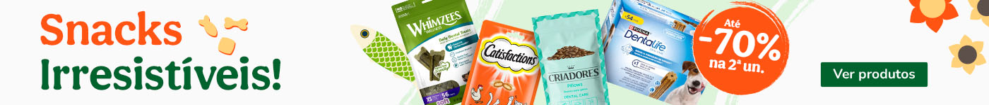 Até 70% de desconto na 2.ª unidade de snacks para o seu animal de estimação.