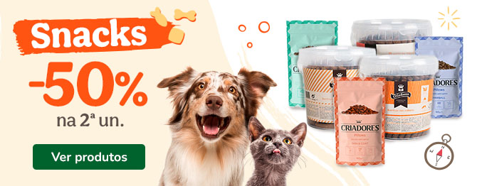 50% desconto na 2ª unidade em Snacks para cão e gato da marca Criadores