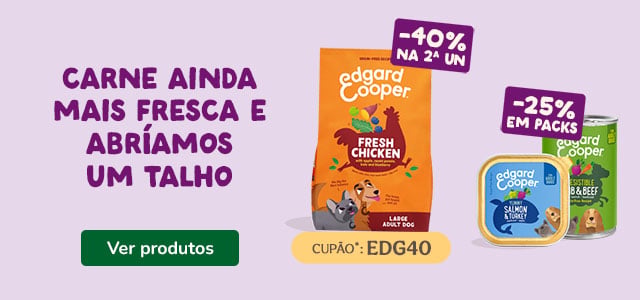 Edgard & Cooper: 40% de desconto na 2.ª unidade de ração e 25% de desconto em packs de alimentação húmida para cães.