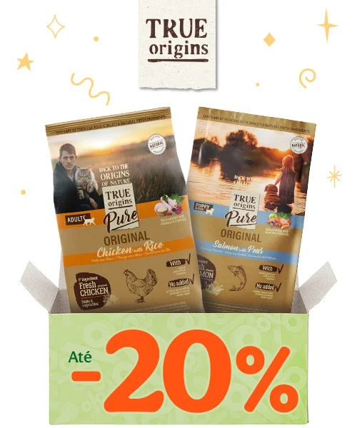 True Origins: Até 20% de desconto em ração e mais de 30% de desconto em packs de húmidos para gato.