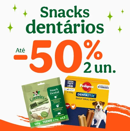 Até 50% de desconto na 2ª unidade de snacks dentários para o seu patudo.