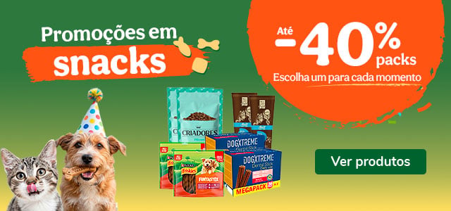 Até 40% de desconto em snacks para o seu animal.