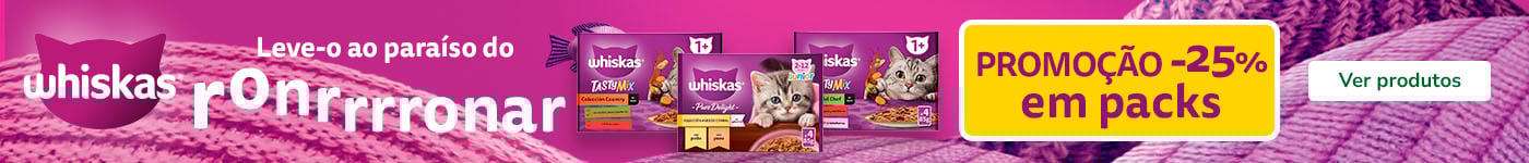 Whiskas: 25% de desconto em packs de 24 unidades de alimento húmido para gato.