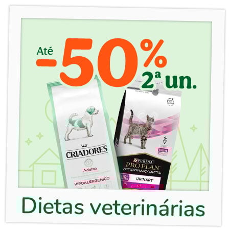 Até 50% de desconto na 2.ª unidade em dietas veterinárias para cães e gatos