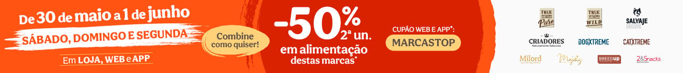 Até 70% de desconto na 2ª unidade de alimentação e até 35% de desconto em acessórios para o seu patudo.