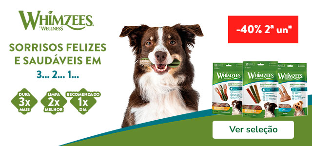 Whimzees: 40% de desconto na 2ª unidade de snacks para cão.