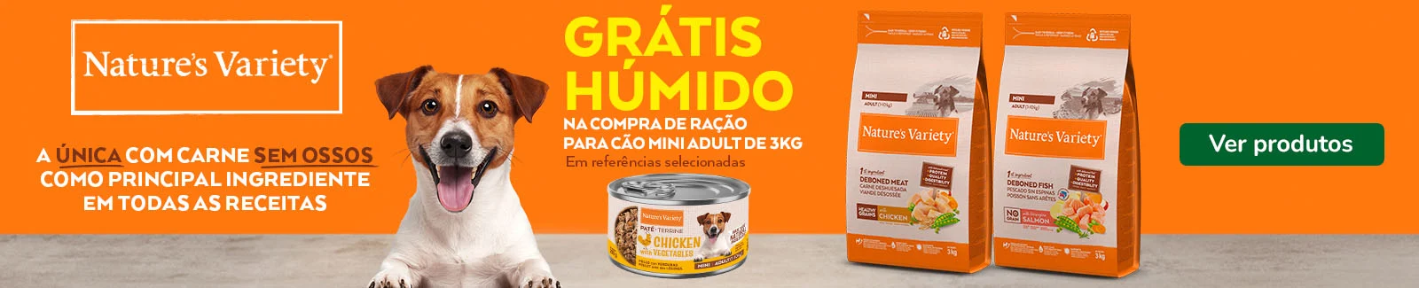 Receba alimento h&uacute;mido gr&aacute;tis na compra de uma sele&ccedil;&atilde;o de ra&ccedil;&atilde;o da Nature's Variety para c&atilde;o.