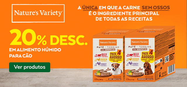 Até 20% de desconto numa seleção de packs de alimento húmido da Nature's Variety para cão.