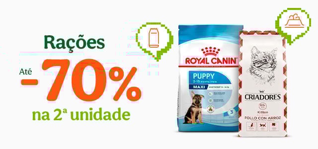 Até 70% de desconto na segunda unidade de ração para cães e gatos.