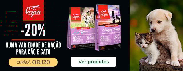 20% de desconto numa seleção de ração Orijen para cão e gato. Alimentação natural com ingredientes de alta qualidade.