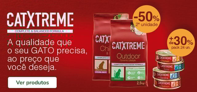 50% de desconto na 2.ª unidade e mais de 30% de desconto no pack de 24 unidades de comida húmida Catxtreme para gato.