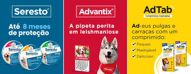 Proteção antiparasitária com Seresto, Advantix e Adtab da Elanco.