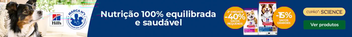15% de desconto em ração para cão (formato grande) da Hill’s Science Plan + 40% de desconto na 2.ª unidade (formato pequeno).