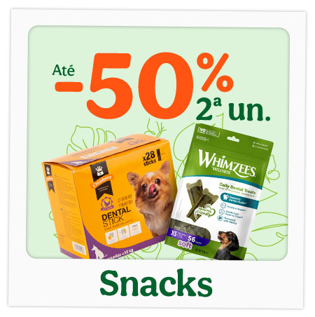 Até 50% de desconto na 2.ª unidade de snacks para cães.