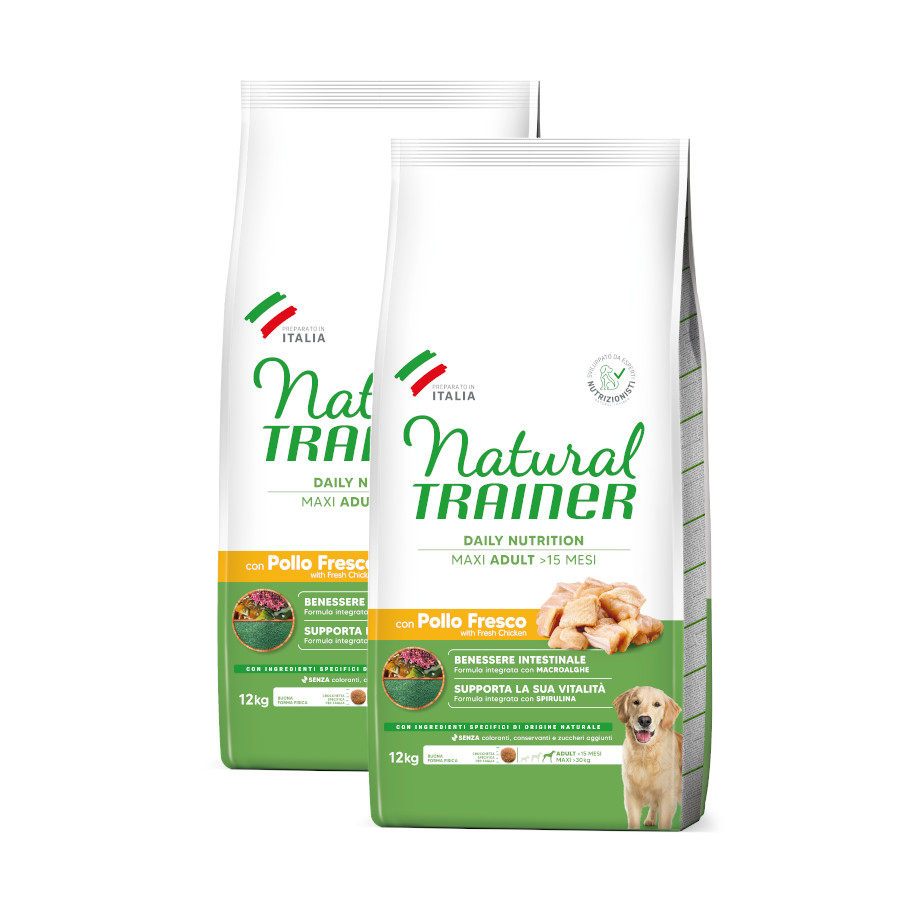 2 x 12 kg Natural Trainer Adult Maxi Frango ração para cães  Pack poupança!
