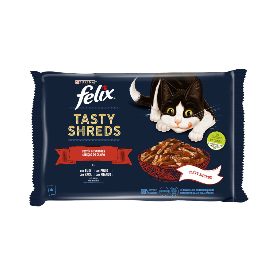 0.32 KG 4 sobres x 80 g Felix Tasty Shreds Festín de Sabores Filetes en Salsa sobre para gatos