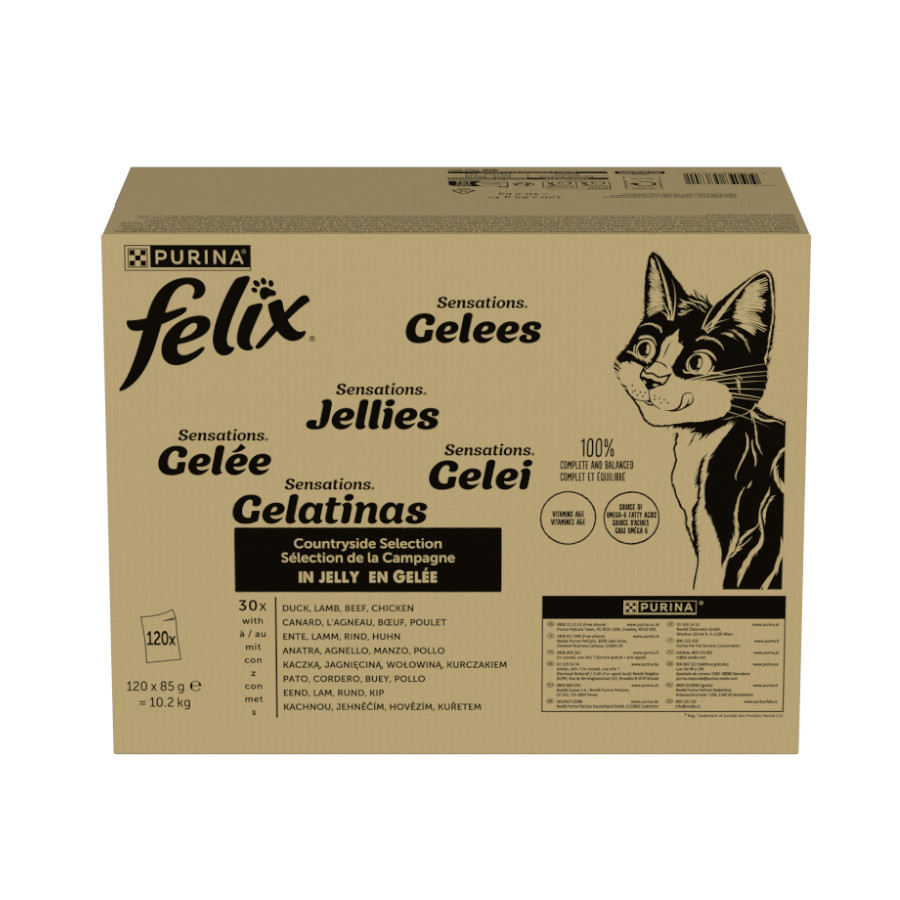 10.2 KG 120 saquetas x 85 g Felix Sensations Mix Comida húmida de de carne em gelatina para gatos