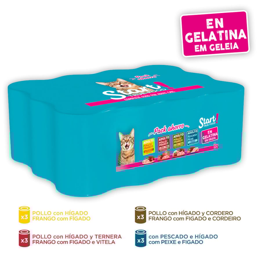 48 latas x 400 g Start Multipack de Carne e Peixe em Gelatina para Gatos Pack Poupança!