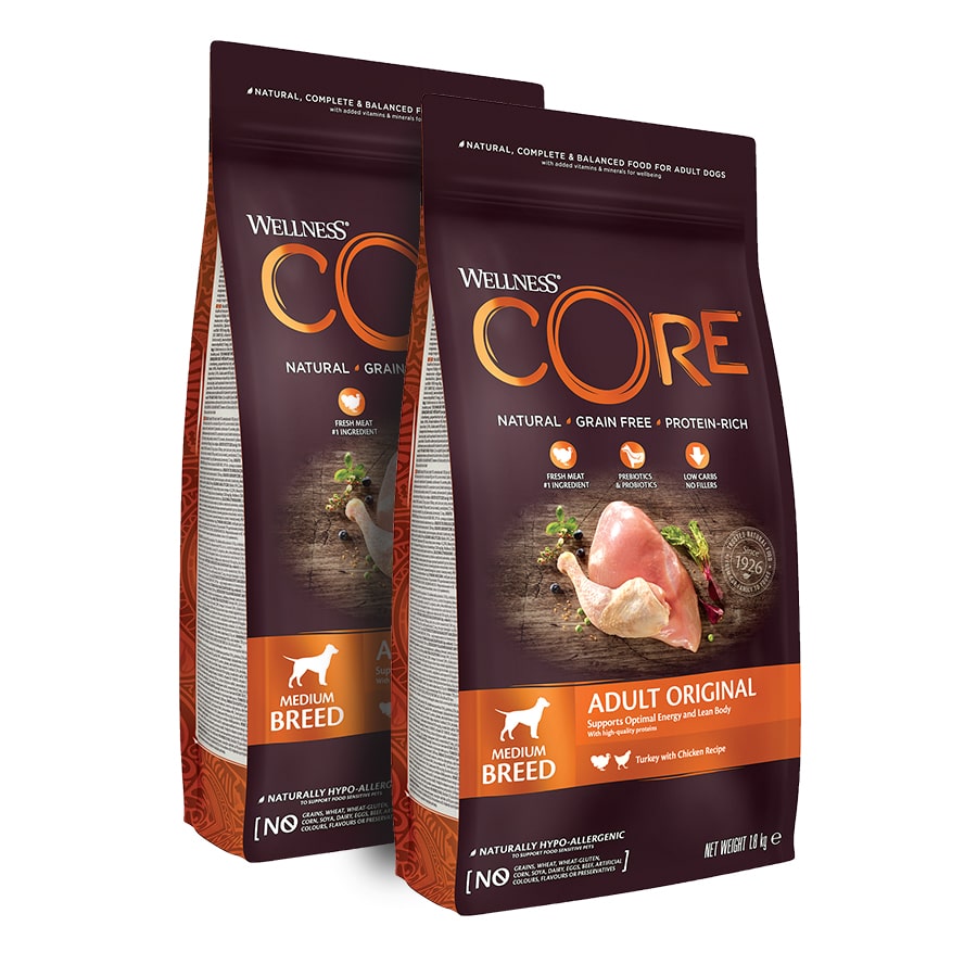 2 x 1.8 kg Wellness Core Adult Medium Original Peru e Frango ração para cães  Pack poupança!