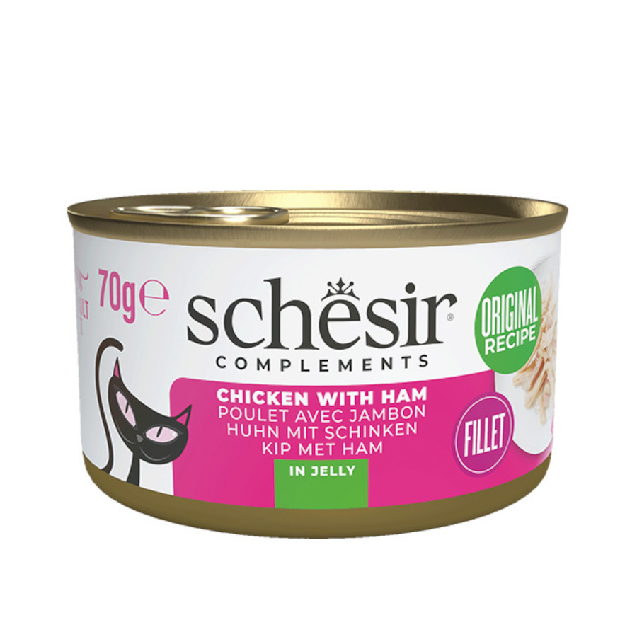 12 latas x 70 g Schesir Filés de Frango com Presunto em Lata de Gelatina para gatos Pack Poupança!