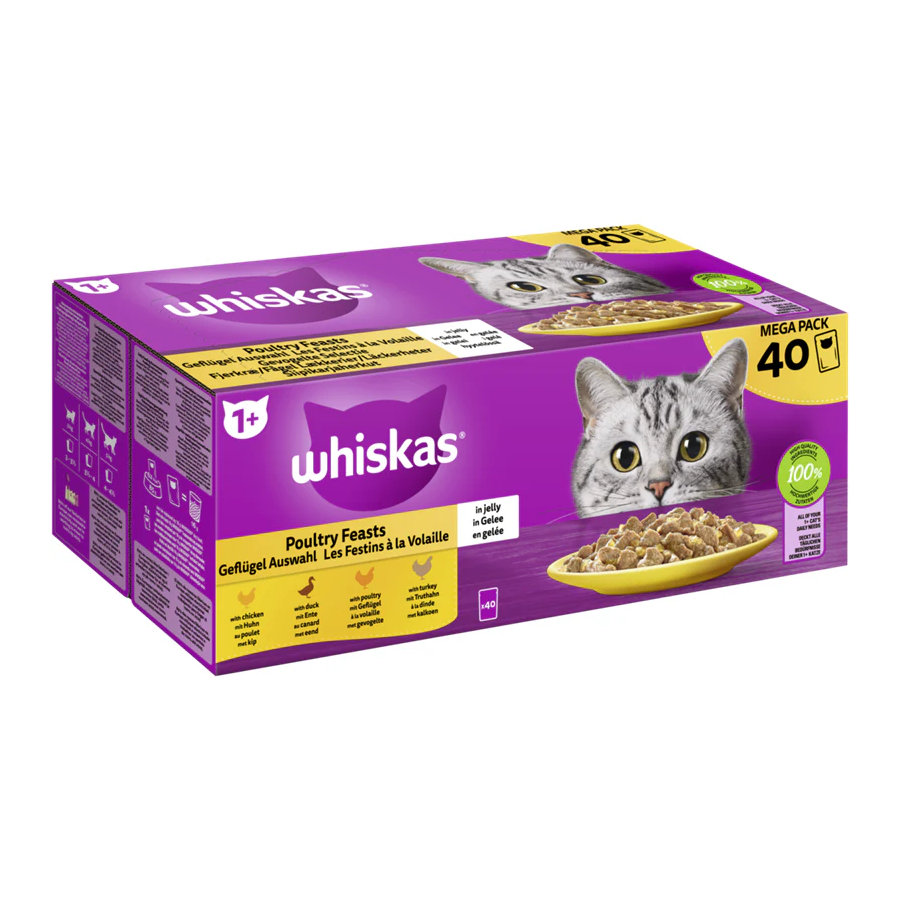40 saquetas x 85 g Whiskas Alimento Húmido de aves de capoeira em gelatina para gatos