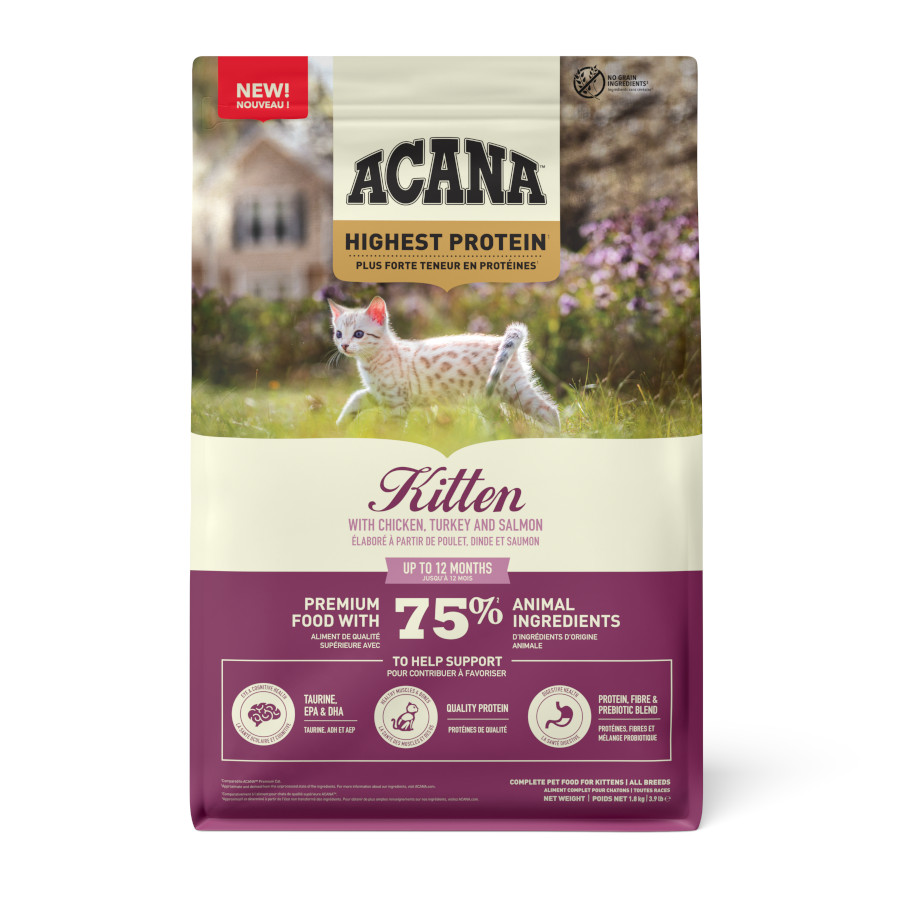 1.8 kg Acana Highest Protein frango, peru e salmão ração para gatinhos