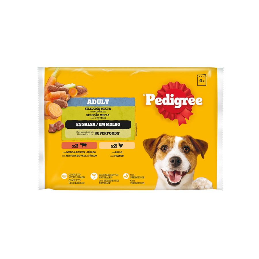 0.4998 KG 4 saquetas x 100 g Pedigree Alimento húmido de frango e vaca com legumes em saqueta para cães