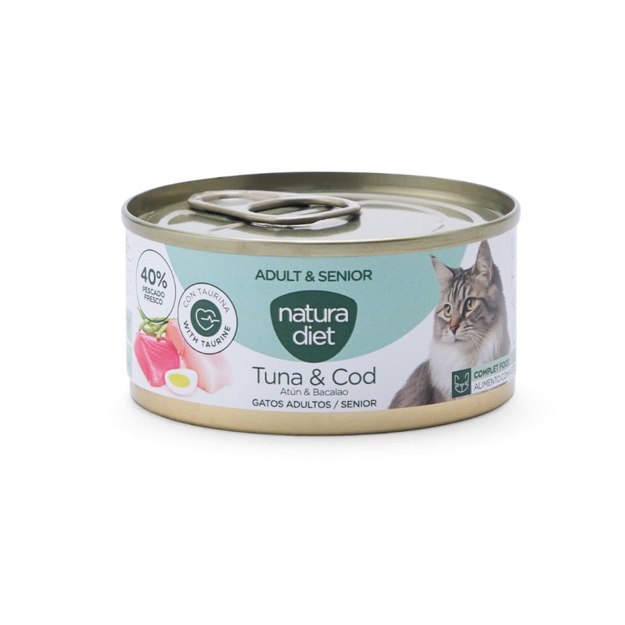 0.085 KG 85 g Natura Diet Adult & Senior Comida Húmida de Atum e Bacalhau em Lata para gatos